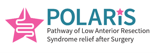 Logo of POLARIS study. Large pink star featuring a colon shape running through it, with POLARIS in large green font